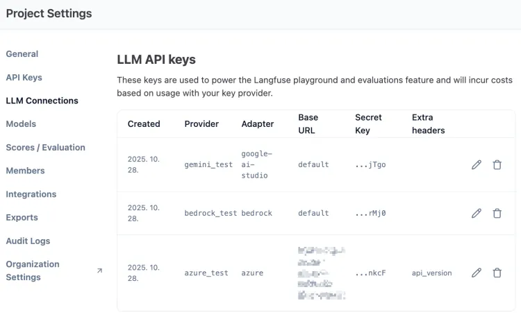 Langfuse LLM Connections UI
